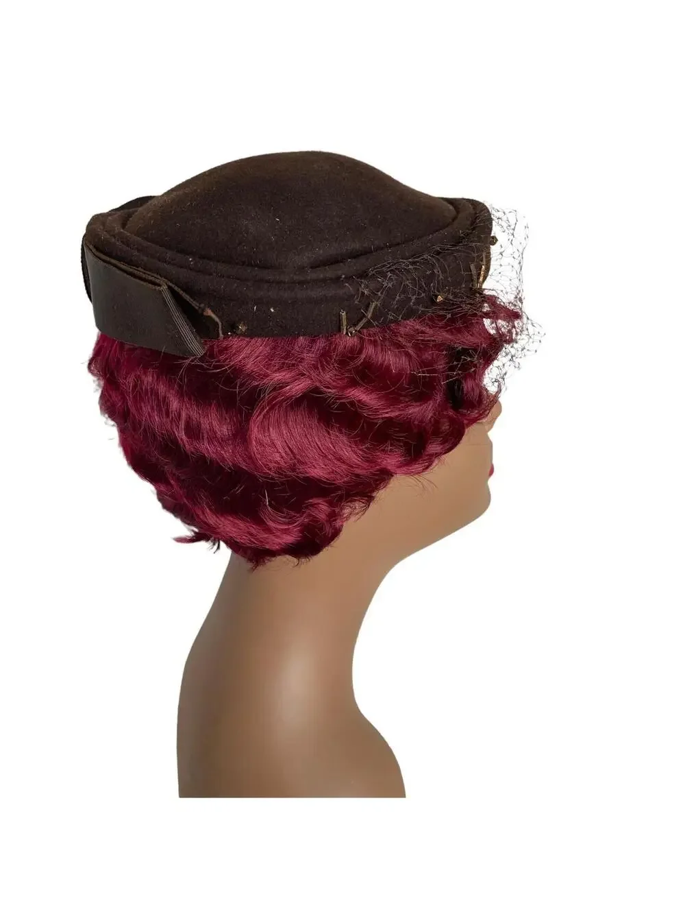 Vintage 1950s Brown Felt Pillbox Hat: Beaded Veil Fascinator